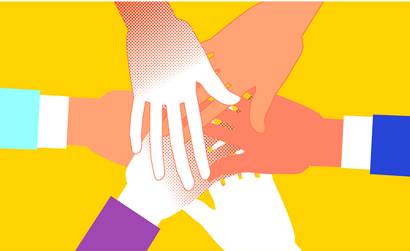 いろんな人の手が重なり合っているイラスト