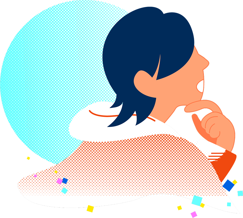 考える人のイラスト、背景に水色の丸がある